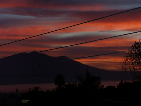 View of lake from veranda after sunset