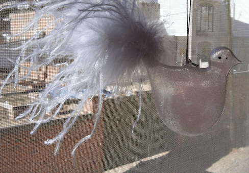 Glass bird in window with white feathers