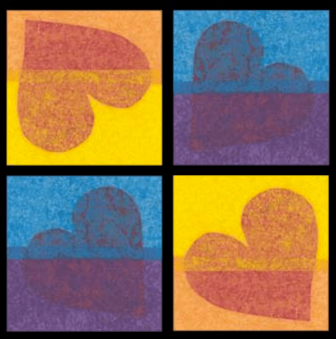 4 tissue paper layer hearts, red/orange and blue/purple