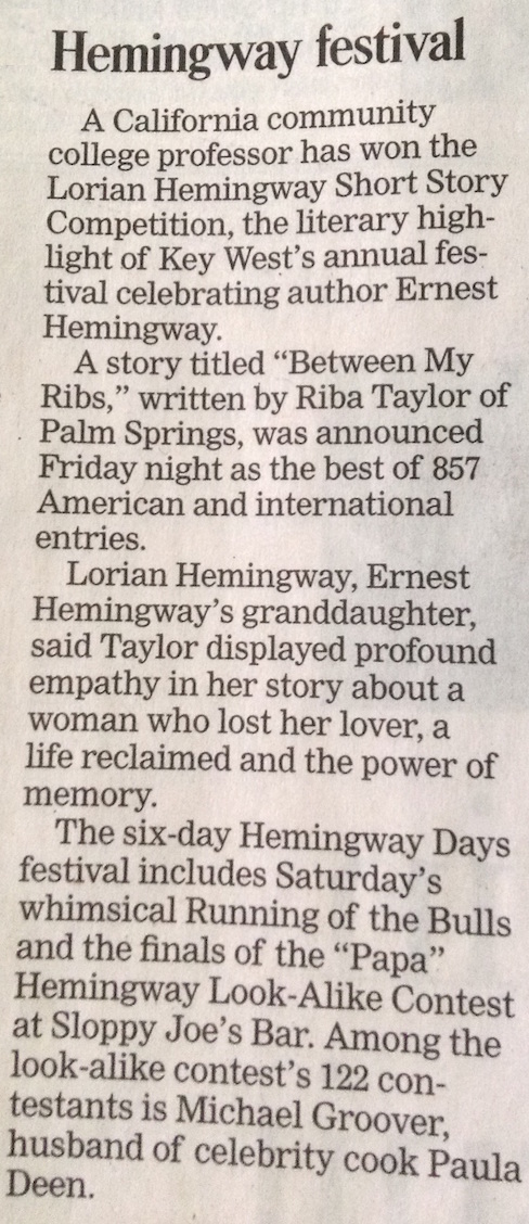 newsclip of my contest win (Lorian Hemmingway Short Story Competition)