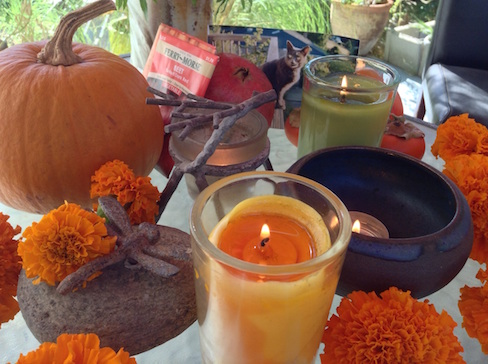 my altar with candles and pumpkin and marigolds