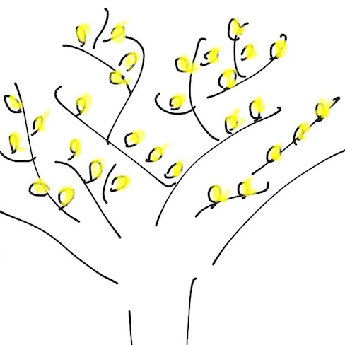drawing of yellow fluffs on branches