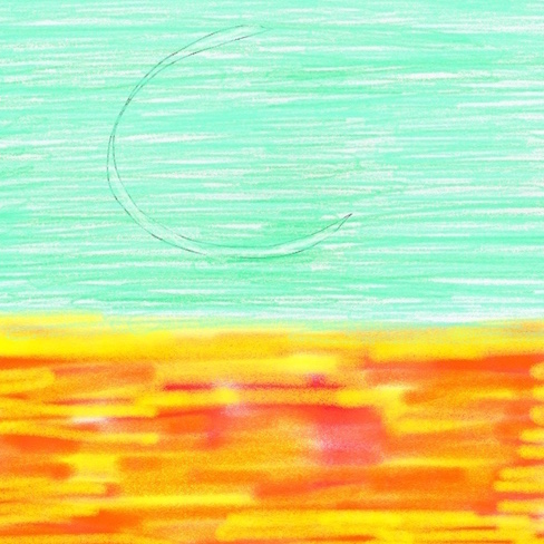 drawing of moon with blue-green and orange yellow below for the sunset