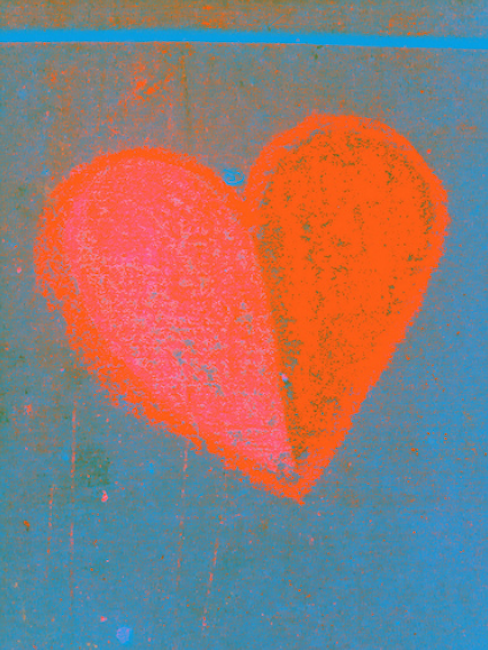 (chalk? pastel?) drawing of a heart, red on blue
